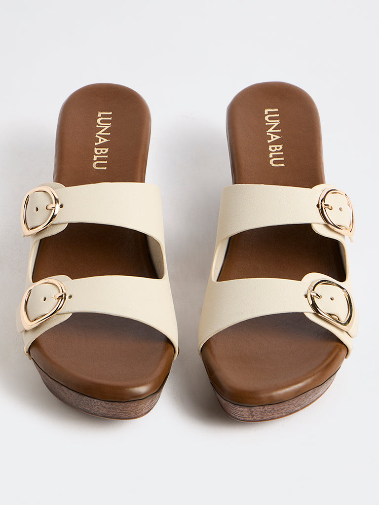LUNA BLU Ivory Dual-Buckle Block Heel Sandals