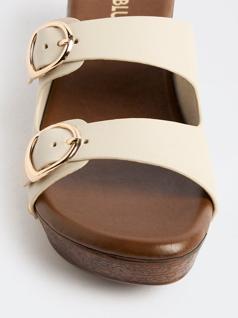 LUNA BLU Ivory Dual-Buckle Block Heel Sandals