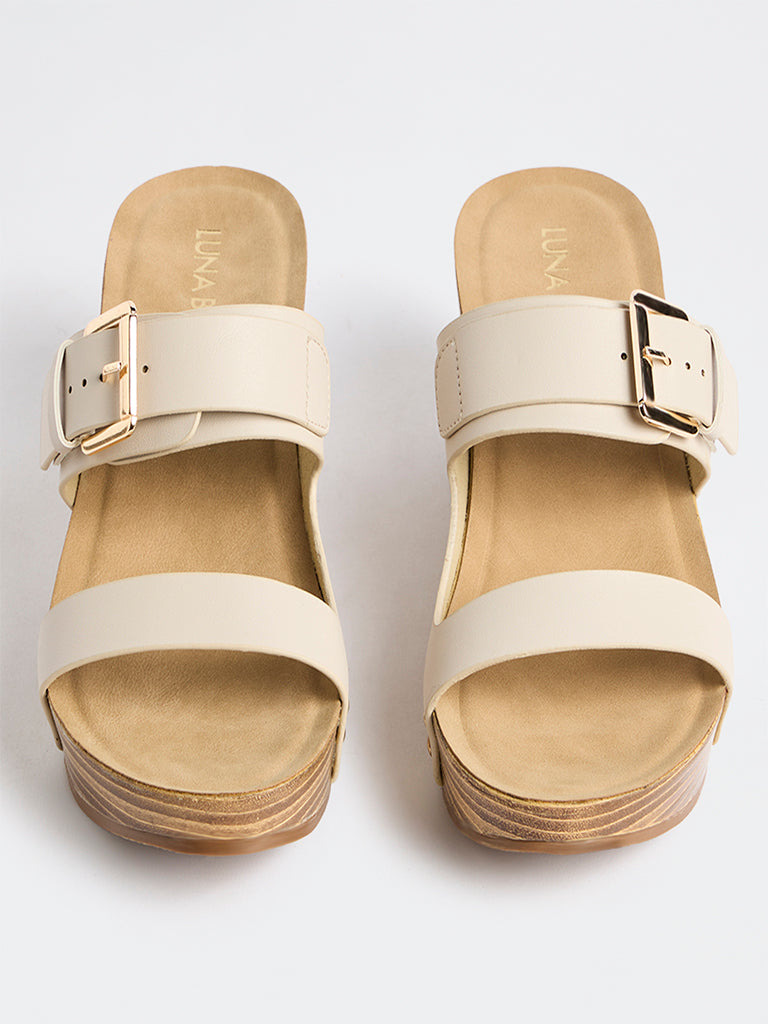 LUNA BLU Ivory Dual-Buckle Wedge Heel Sandals