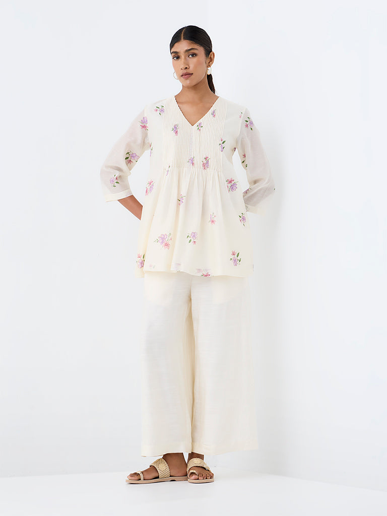 Zuba Off-White Solid Cotton-Blend Palazzos