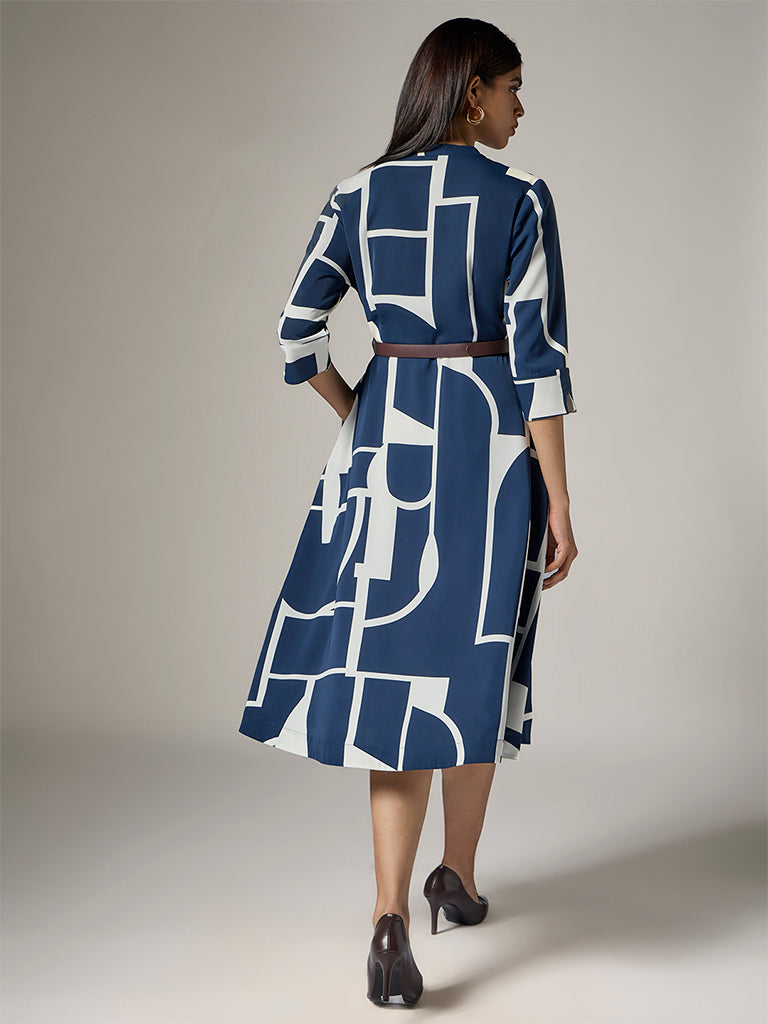 Wardrobe Navy Printed Shirt Dress with Belt