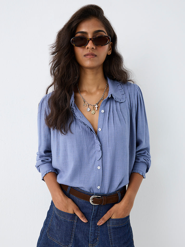 LOV Dusty Blue Pintuck-Detail Shirt