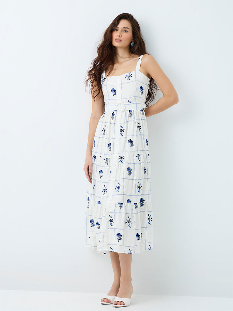 LOV White Floral Embroidered A-Line Dress with Belt