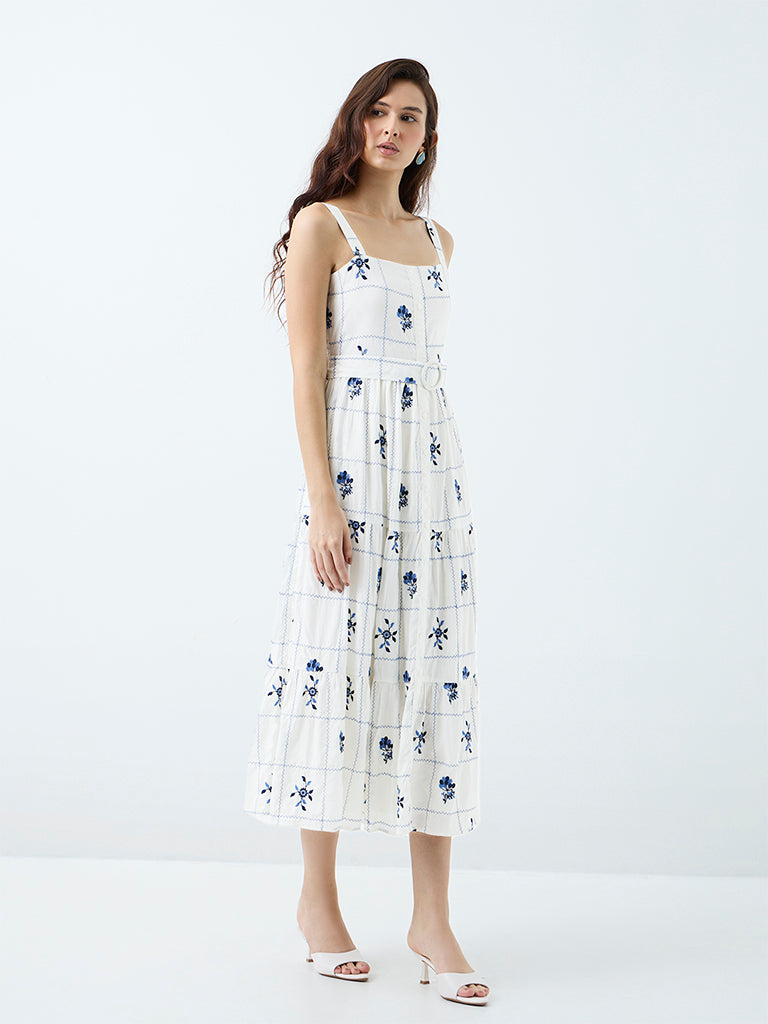LOV White Floral Embroidered A-Line Dress with Belt