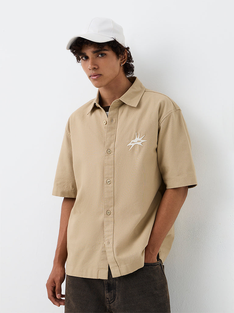 Nuon Beige Embroidered Relaxed-Fit Denim Shirt