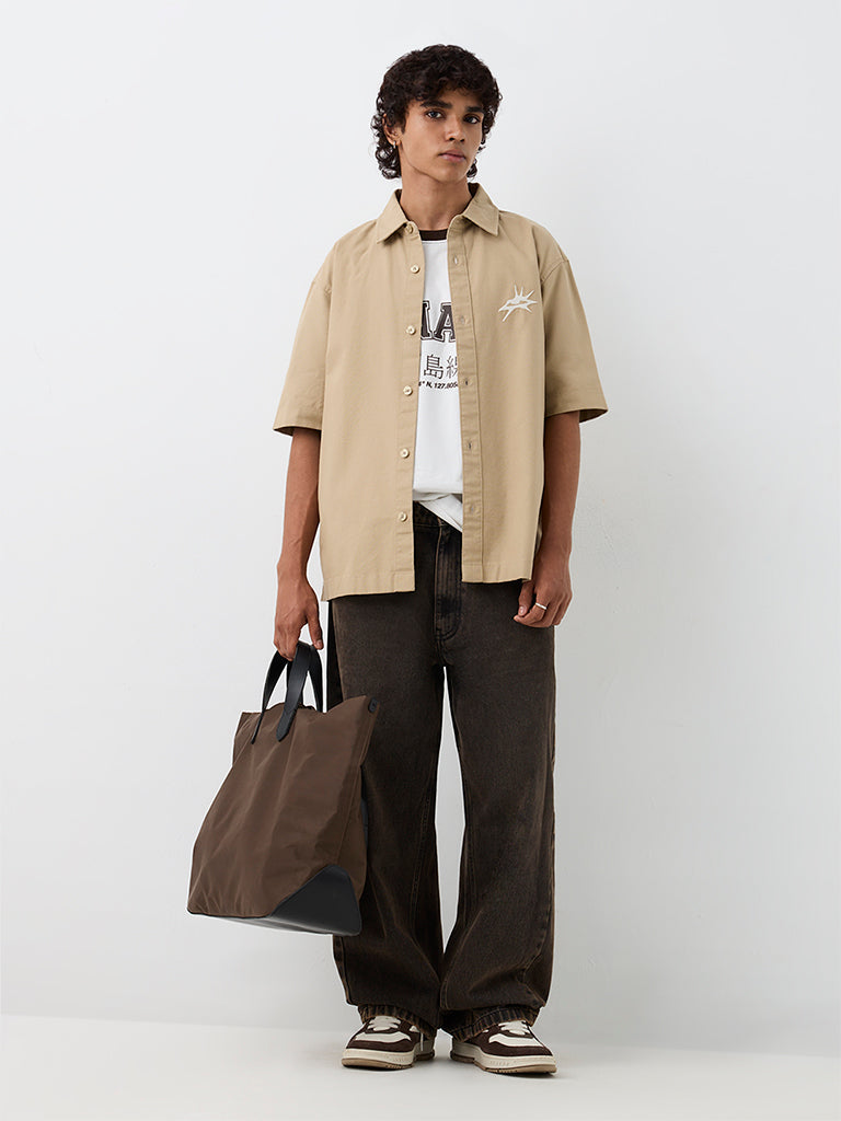 Nuon Beige Embroidered Relaxed-Fit Denim Shirt
