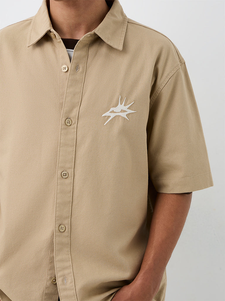 Nuon Beige Embroidered Relaxed-Fit Denim Shirt