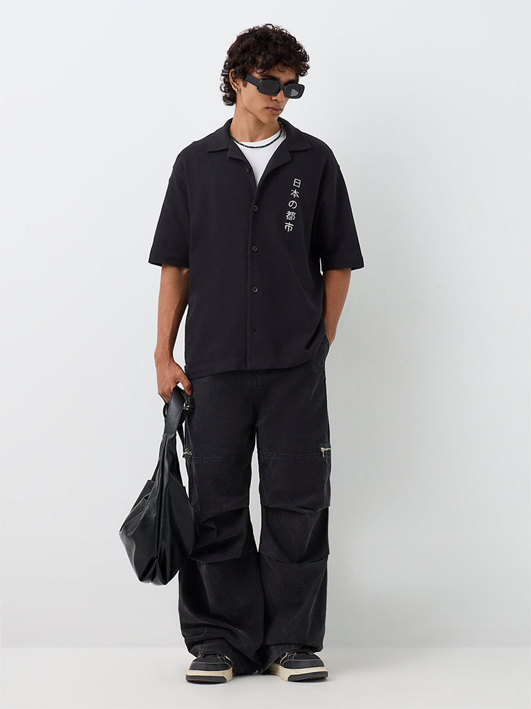 Nuon Black Japanese-Inspired Relaxed-Fit Shirt