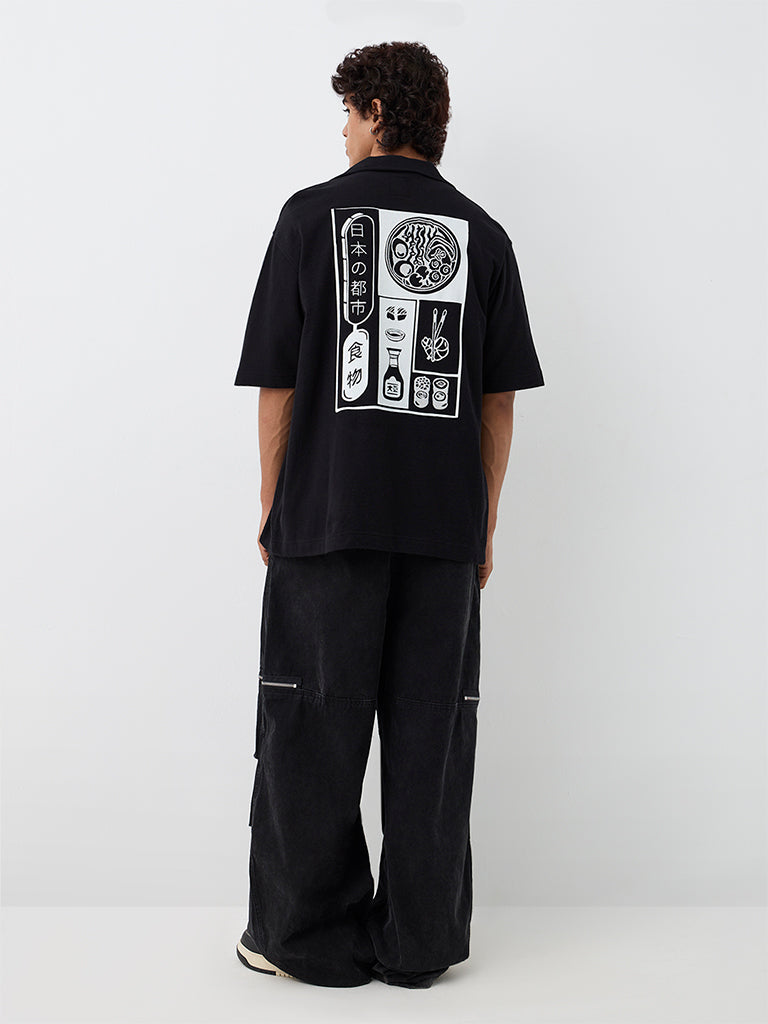 Nuon Black Japanese-Inspired Relaxed-Fit Shirt