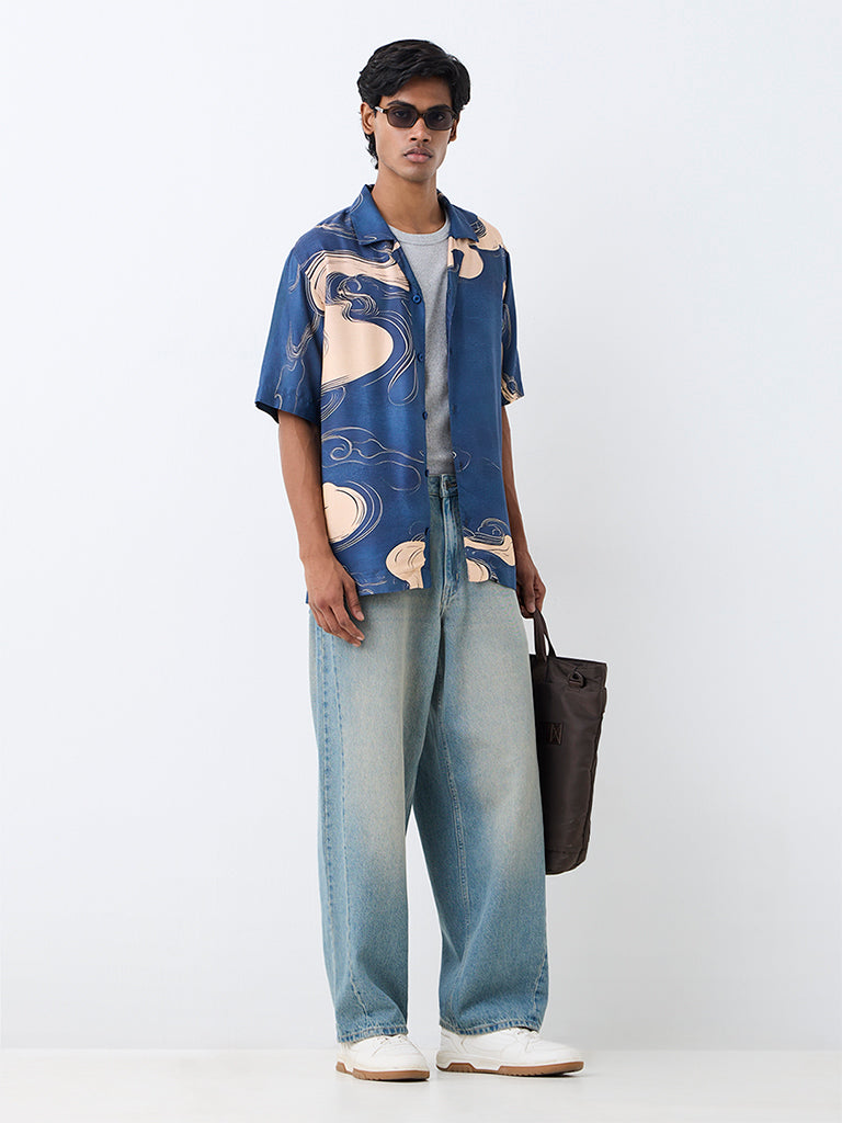 Nuon Dark Blue Abstract Printed Relaxed-Fit Shirt