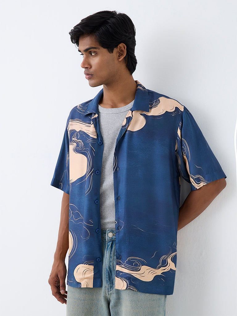 Nuon Dark Blue Abstract Printed Relaxed-Fit Shirt
