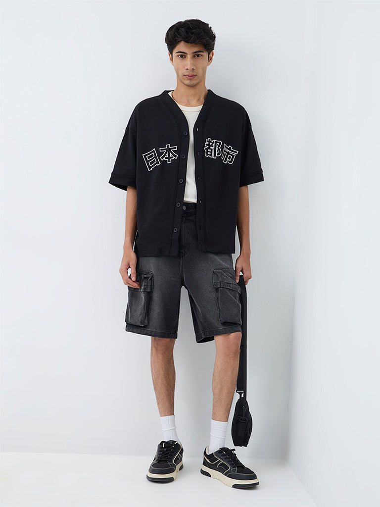 Nuon Black Japanese-Inspired Relaxed-Fit Cotton-Blend Shirt
