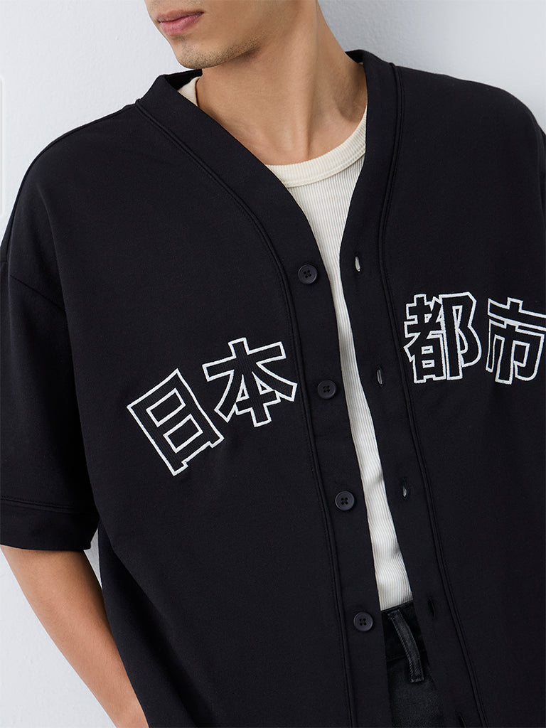 Nuon Black Japanese-Inspired Relaxed-Fit Cotton-Blend Shirt