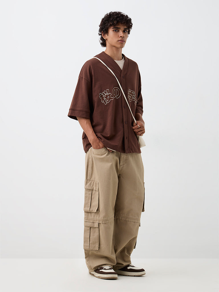 Nuon Dark Brown Japanese Embroidered Relaxed-Fit Cotton-Blend Shirt