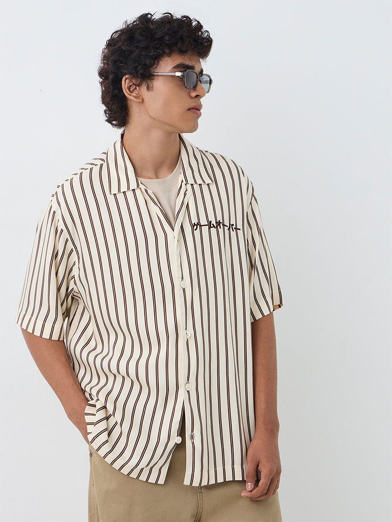 Nuon Beige Striped Relaxed-Fit Shirt