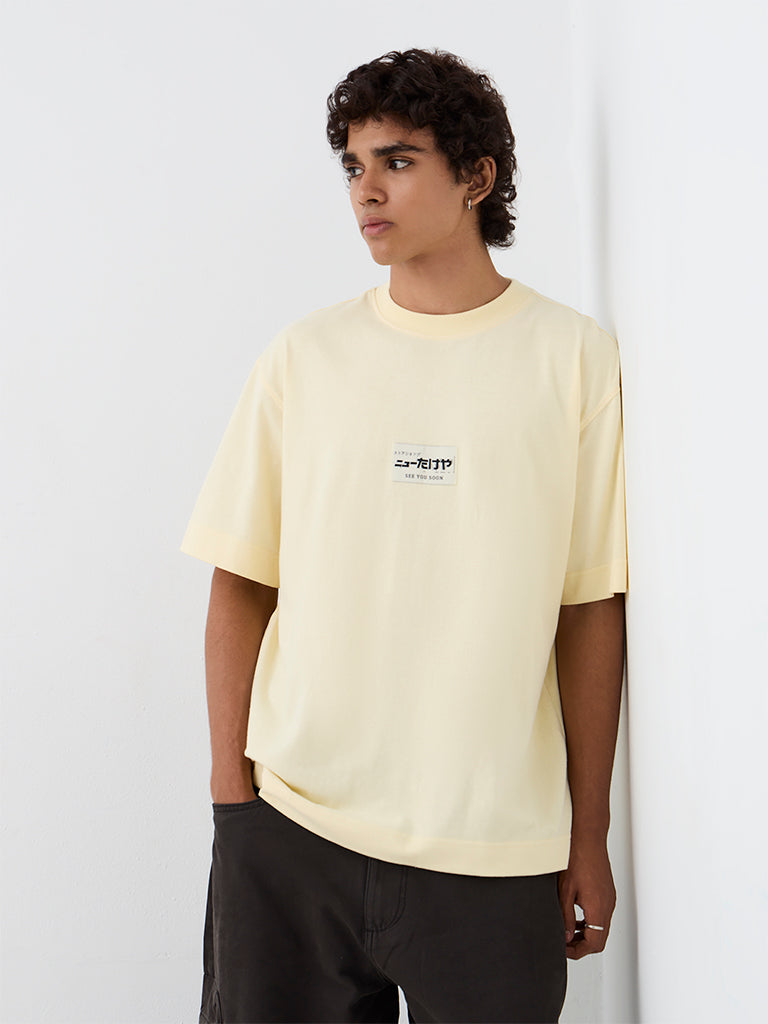 Nuon Light Yellow Japanese Printed Relaxed-Fit Cotton-Blend T-Shirt