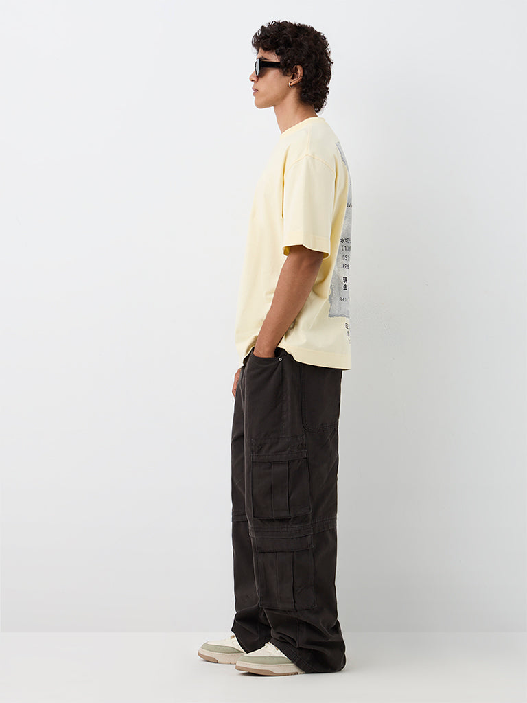 Nuon Light Yellow Japanese Printed Relaxed-Fit Cotton-Blend T-Shirt