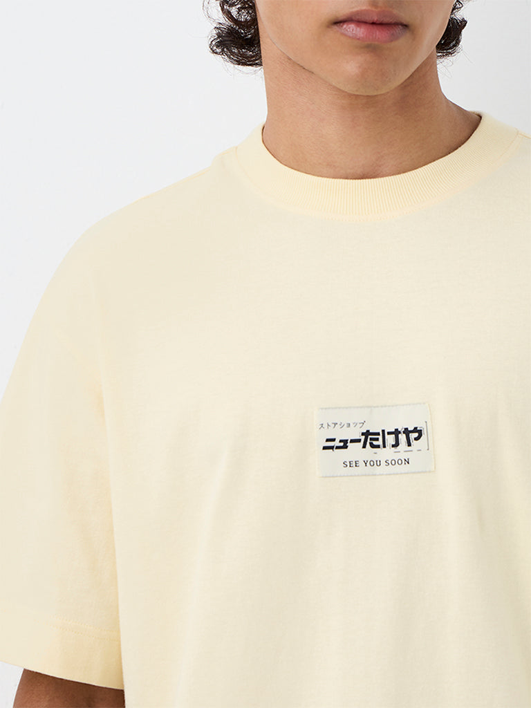 Nuon Light Yellow Japanese Printed Relaxed-Fit Cotton-Blend T-Shirt