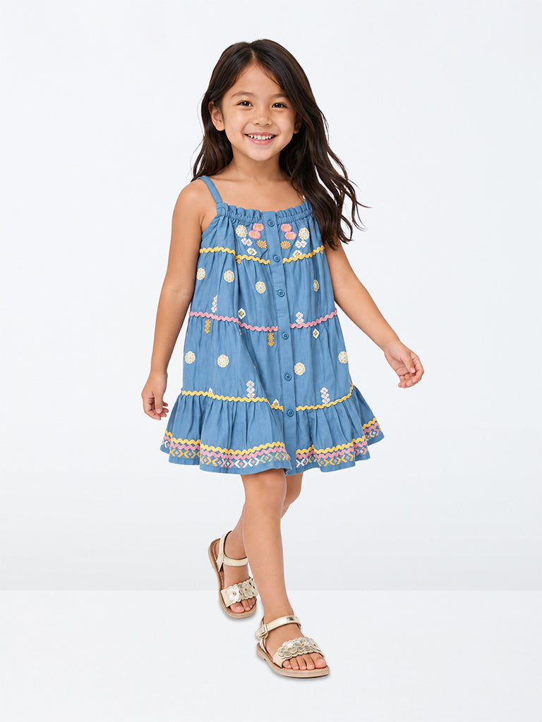 Utsa Kids Girls Blue Floral Embroidered Cotton Tiered Dress (2-8 yrs)