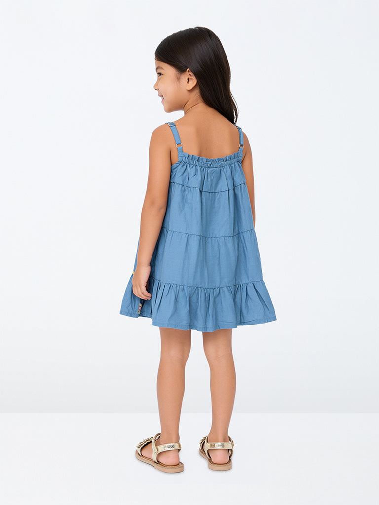 Utsa Kids Girls Blue Floral Embroidered Cotton Tiered Dress (2-8 yrs)
