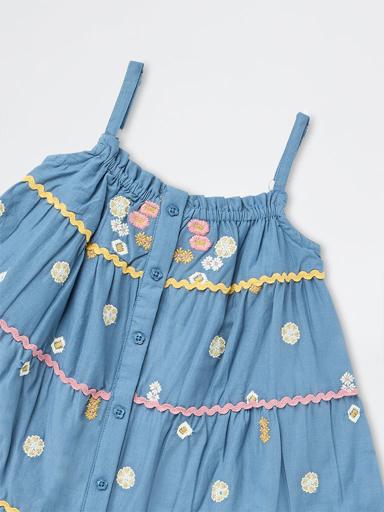 Utsa Kids Girls Blue Floral Embroidered Cotton Tiered Dress (2-8 yrs)