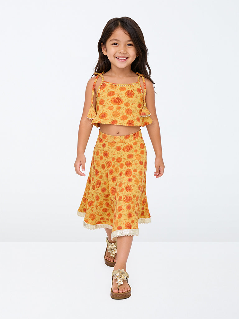 Utsa Kids Girls Yellow Floral Printed Top and Skirt Set - (2-8 yrs)