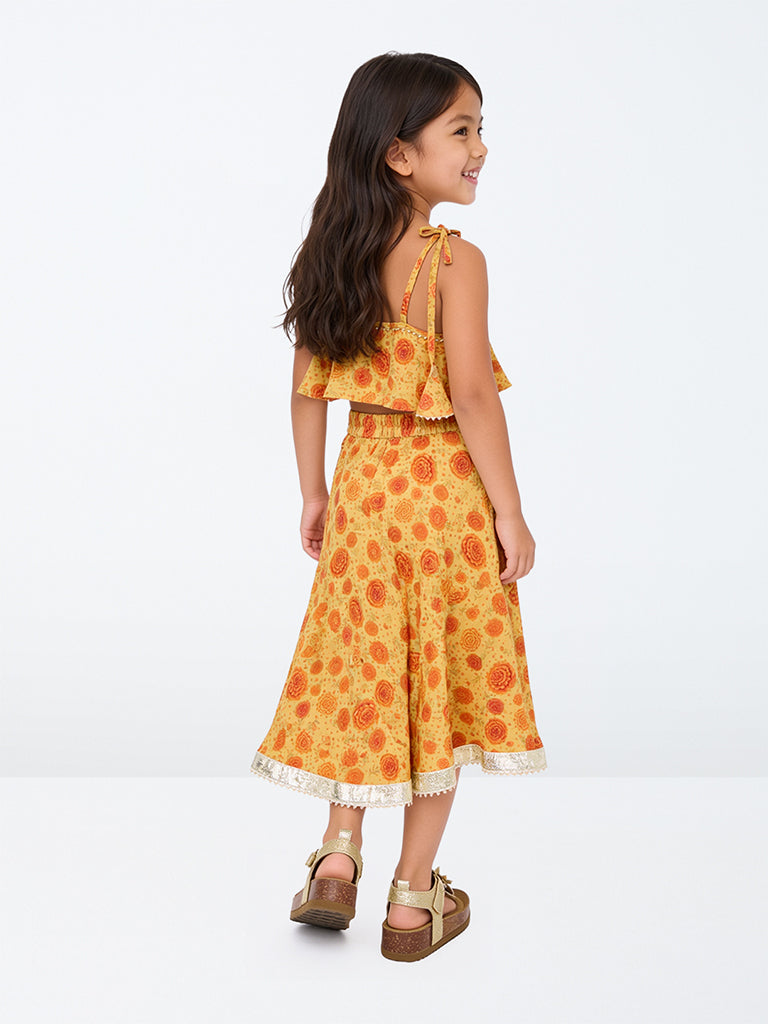 Utsa Kids Girls Yellow Floral Printed Top and Skirt Set - (2-8 yrs)