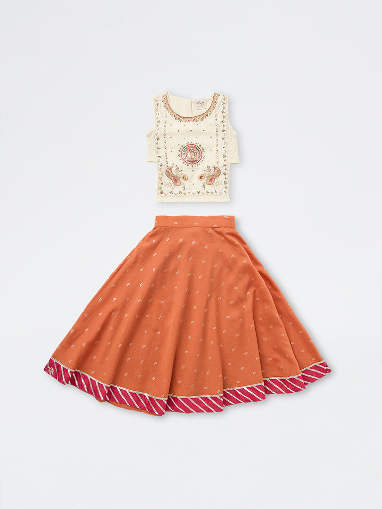 Utsa Kids Girls Orange Embroidered Top and Skirt Set - (2-8 yrs)