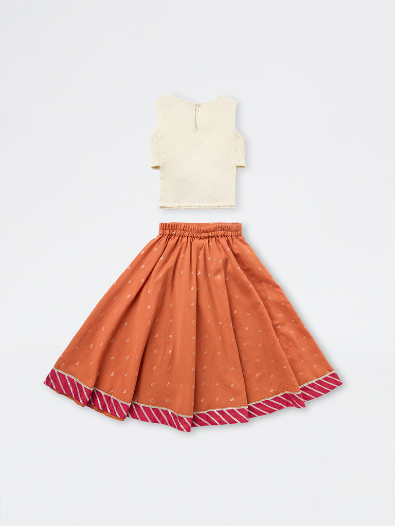 Utsa Kids Girls Orange Embroidered Top and Skirt Set - (2-8 yrs)