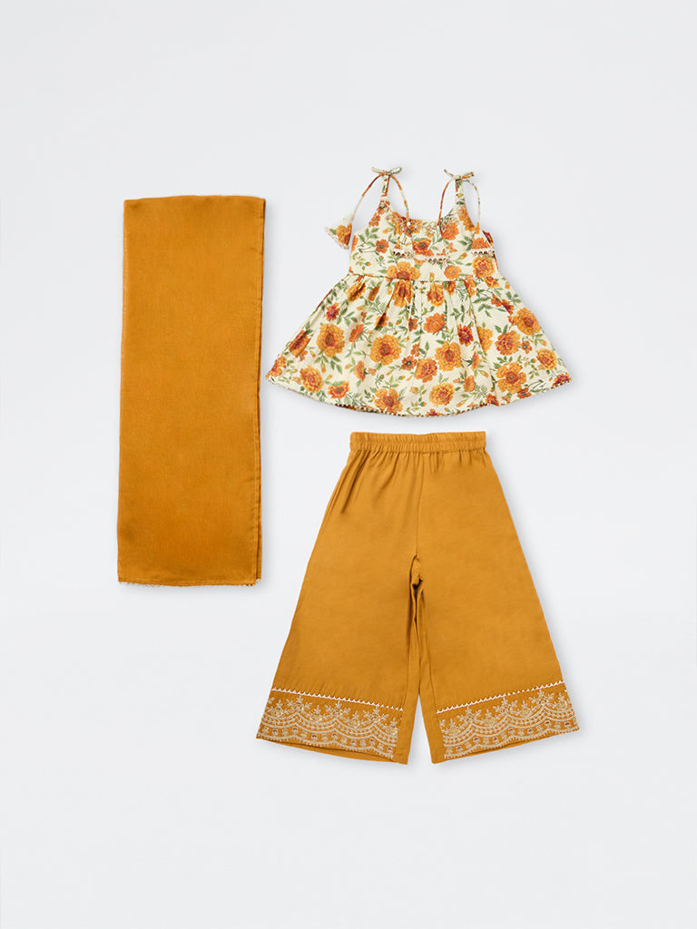 Utsa Kids Girls Mustard Floral Printed Top with Palazzos Set - (2-8 yrs)
