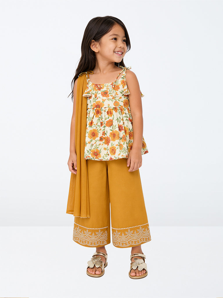 Utsa Kids Girls Mustard Floral Printed Top with Palazzos Set - (2-8 yrs)