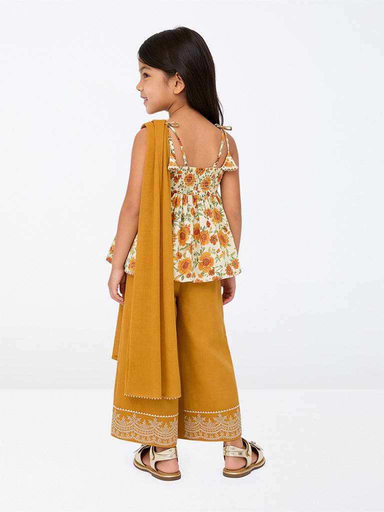 Utsa Kids Girls Mustard Floral Printed Top with Palazzos Set - (2-8 yrs)