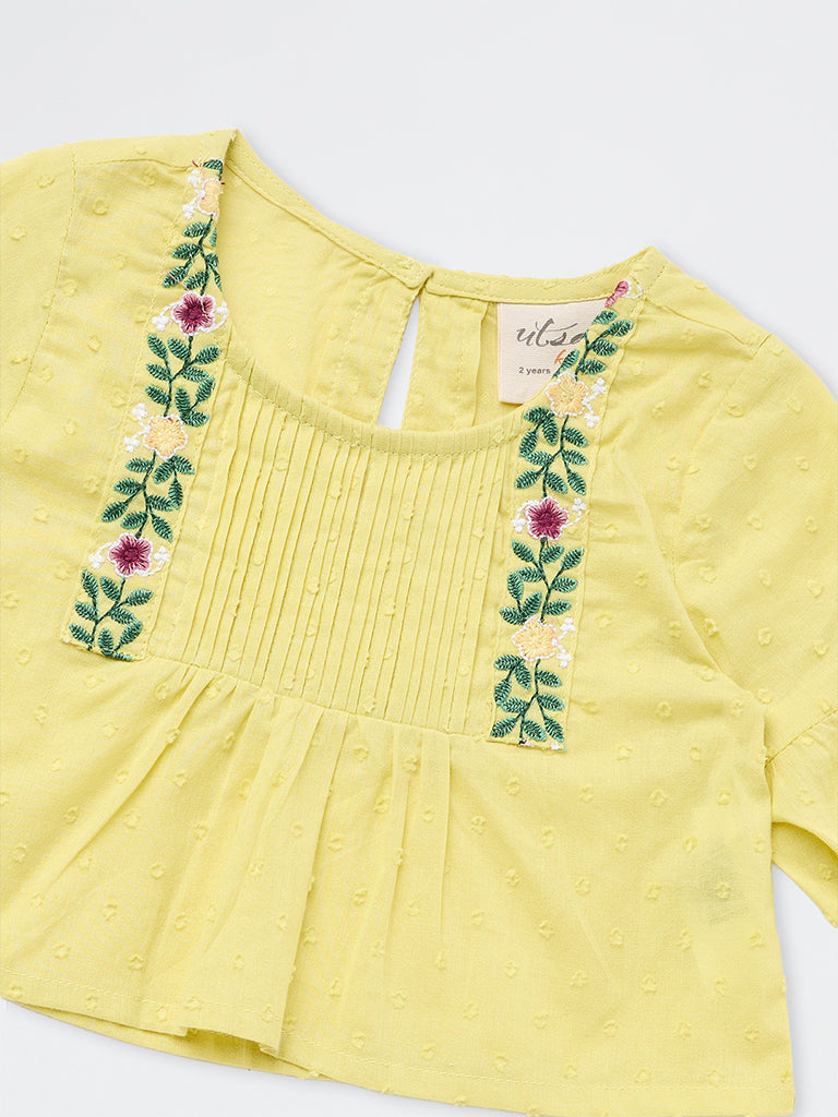 Utsa Kids Girls Yellow Floral Embroidered Cotton Top - (2-8 yrs)