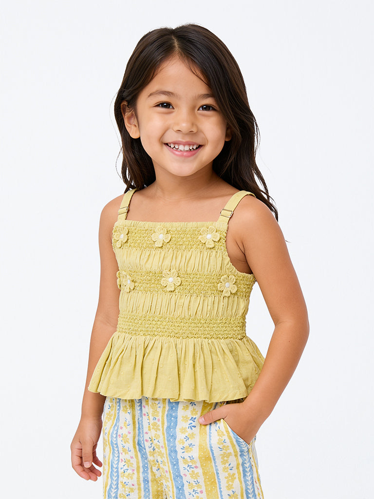 Utsa Kids Girls Yellow Floral Embroidered Cotton Peplum Top - (2-8 yrs)