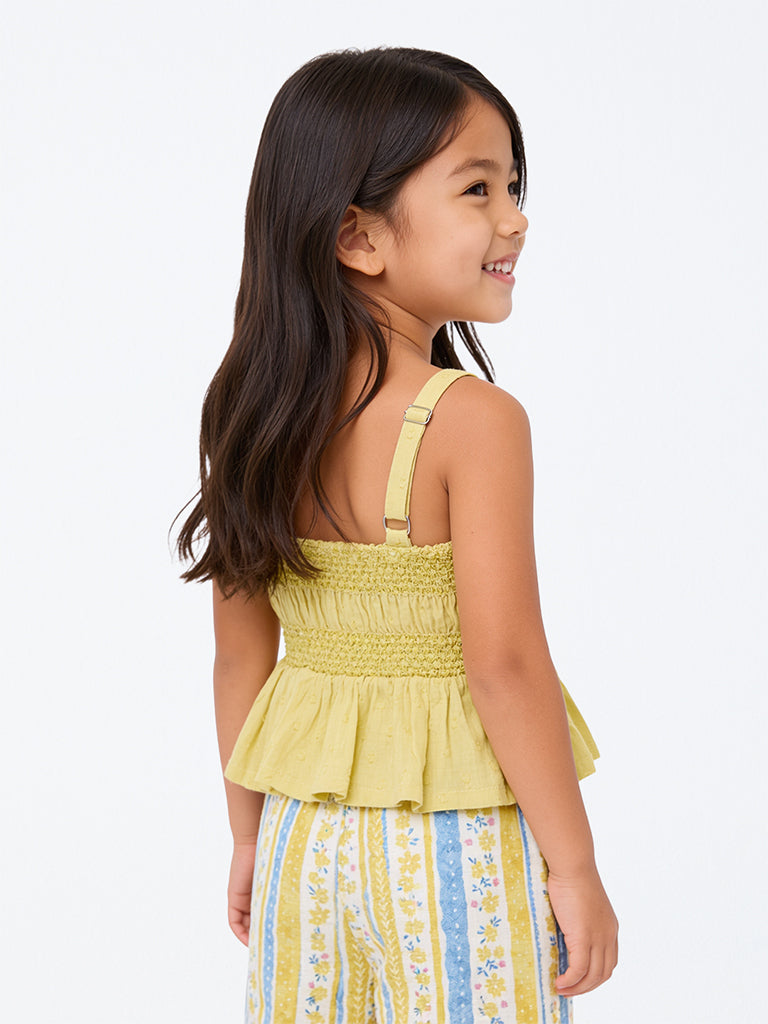 Utsa Kids Girls Yellow Floral Embroidered Cotton Peplum Top - (2-8 yrs)