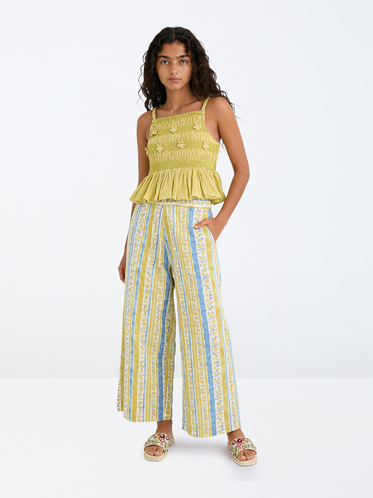 Utsa Kids Girls Yellow Floral Print Cotton Ethnic Pants - (8-14 yrs)