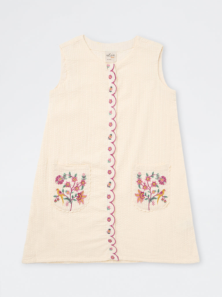 Utsa Kids Girls Cream Floral Embroidered Cotton A-Line Dress - (8-14 yrs)