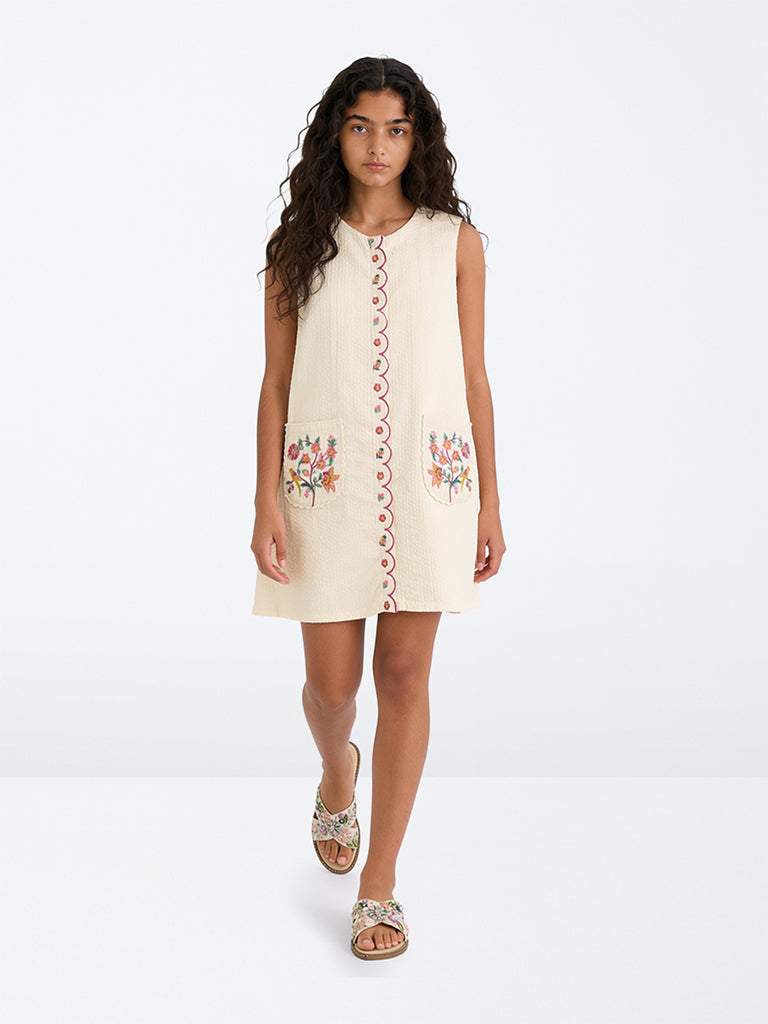 Utsa Kids Girls Cream Floral Embroidered Cotton A-Line Dress - (8-14 yrs)