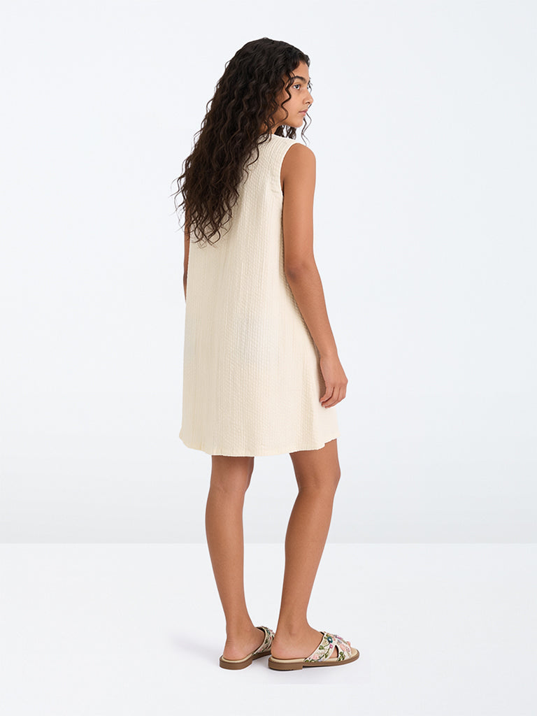 Utsa Kids Girls Cream Floral Embroidered Cotton A-Line Dress - (8-14 yrs)
