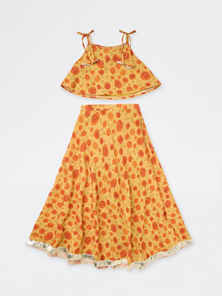 Utsa Kids Girls Yellow Floral Printed Top and Skirt Set - (8-14 yrs)