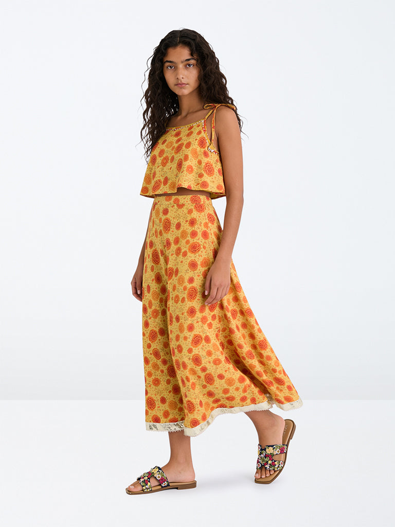 Utsa Kids Girls Yellow Floral Printed Top and Skirt Set - (8-14 yrs)