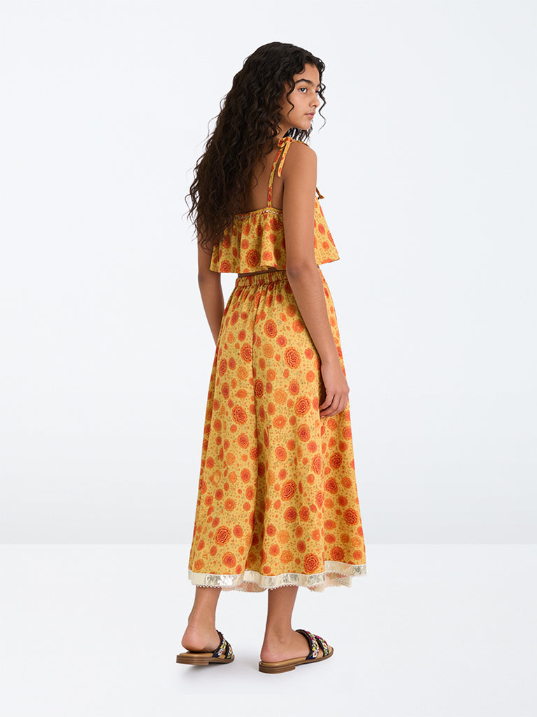 Utsa Kids Girls Yellow Floral Printed Top and Skirt Set - (8-14 yrs)