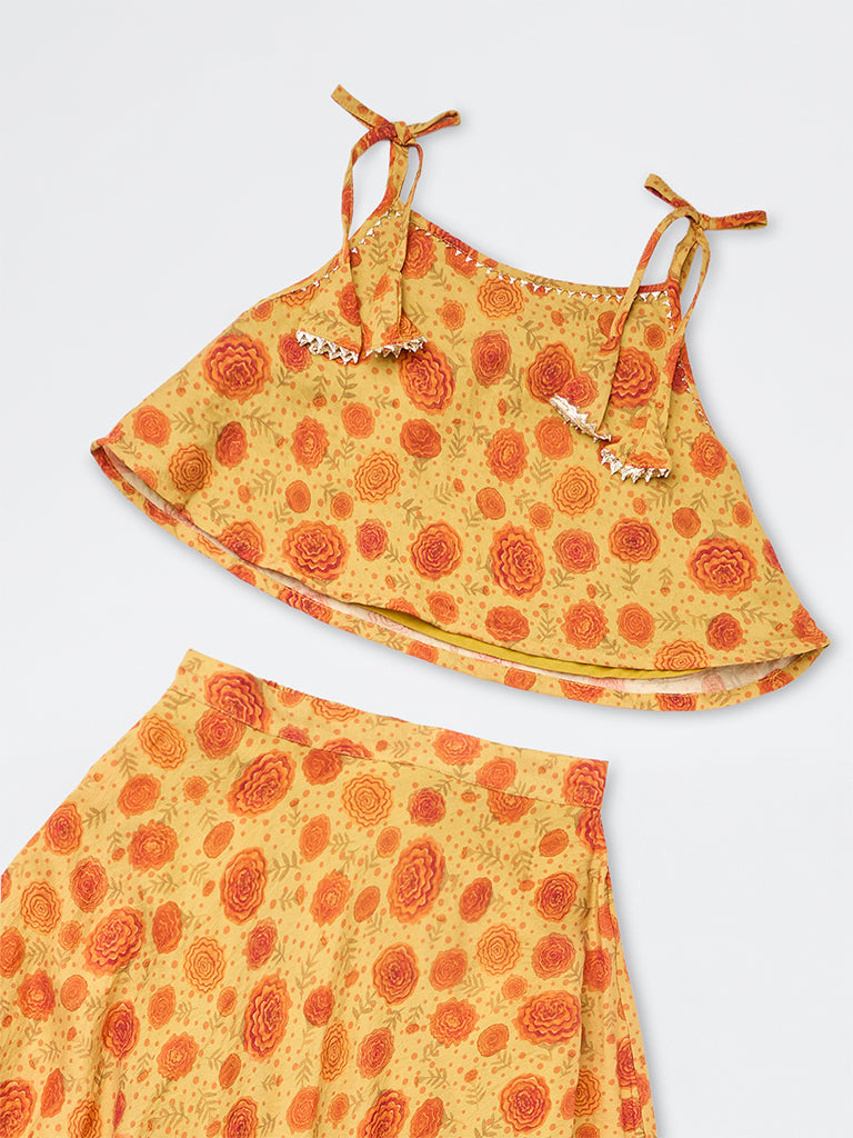 Utsa Kids Girls Yellow Floral Printed Top and Skirt Set - (8-14 yrs)