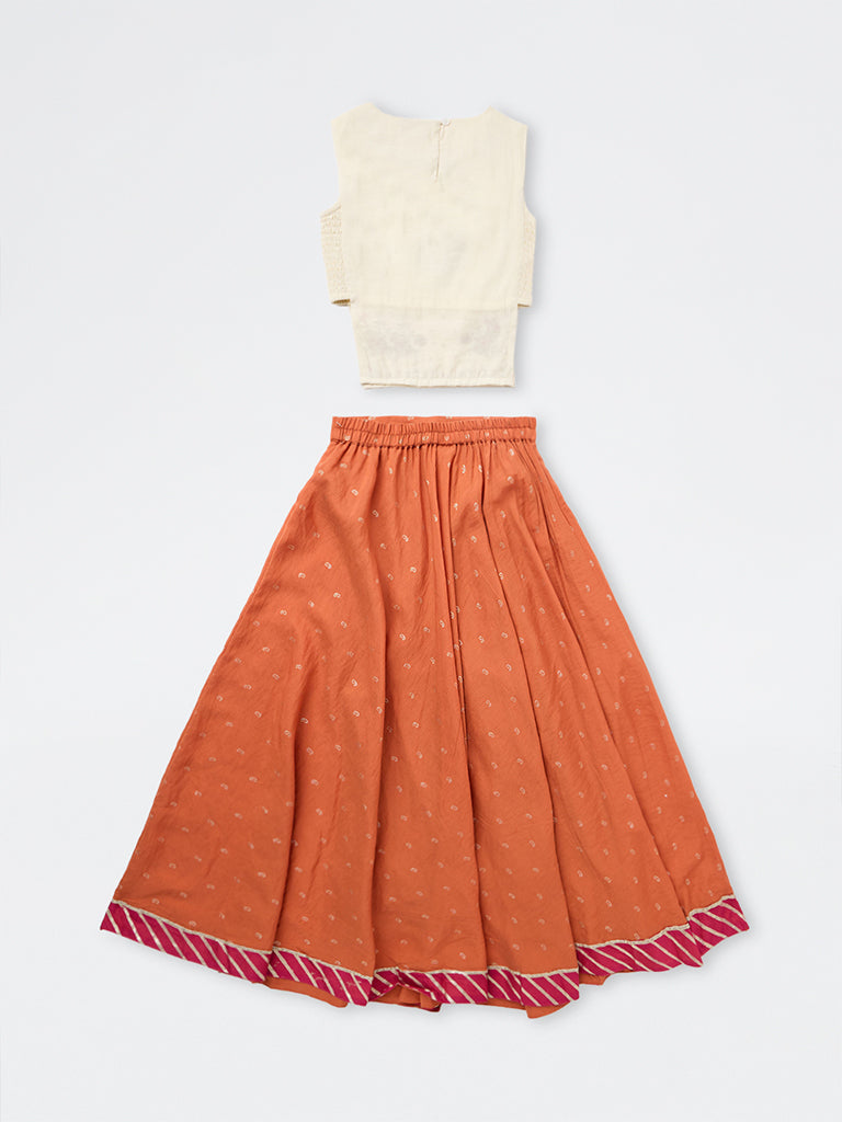 Utsa Kids Girls Orange Embroidered Top and Skirt Set - (8-14 yrs)