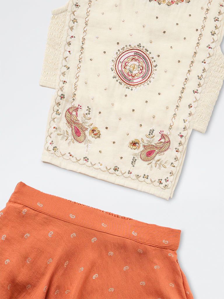 Utsa Kids Girls Orange Embroidered Top and Skirt Set - (8-14 yrs)