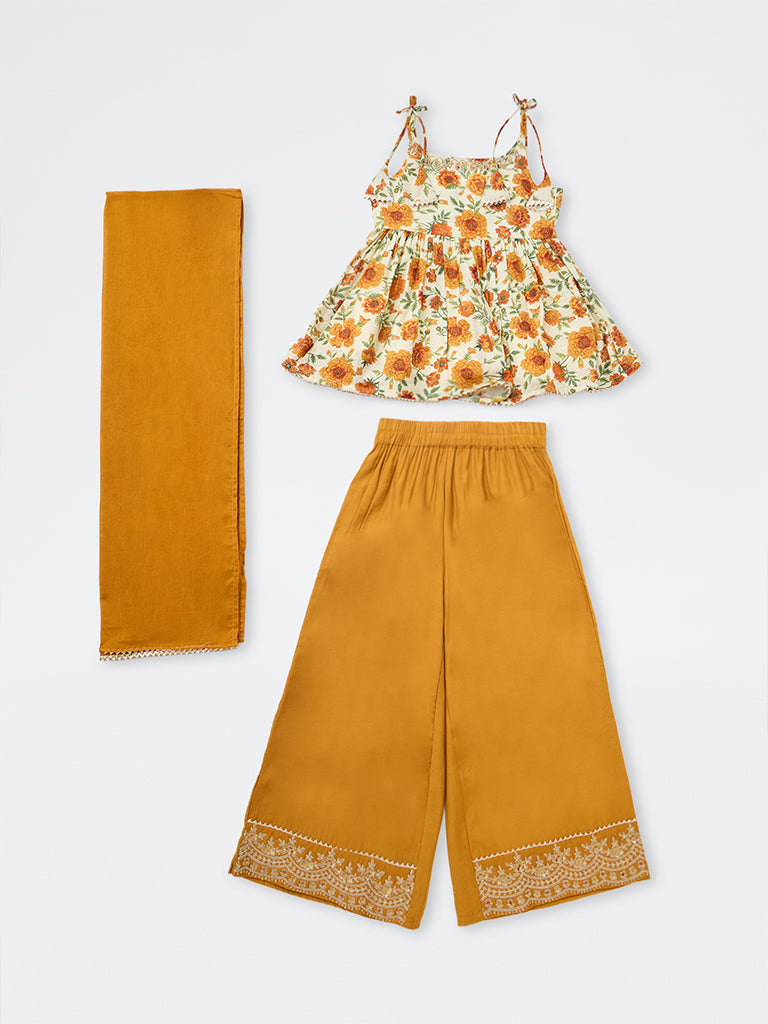 Utsa Kids Girls Mustard Floral Printed Top with Palazzos Set - (8-14 yrs)