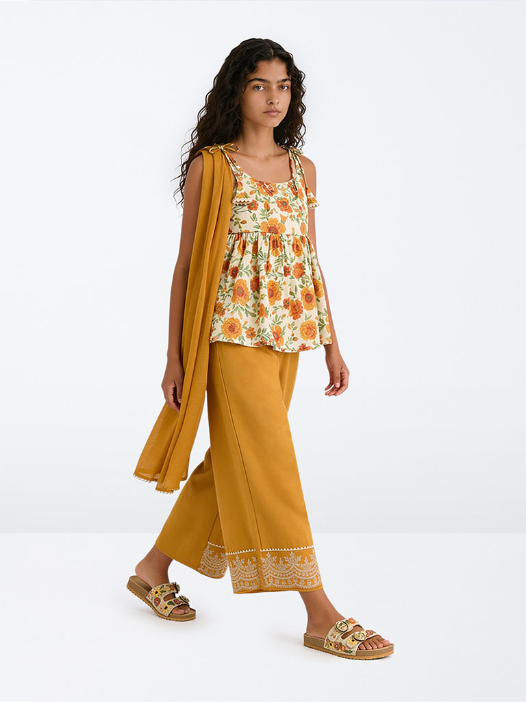 Utsa Kids Girls Mustard Floral Printed Top with Palazzos Set - (8-14 yrs)