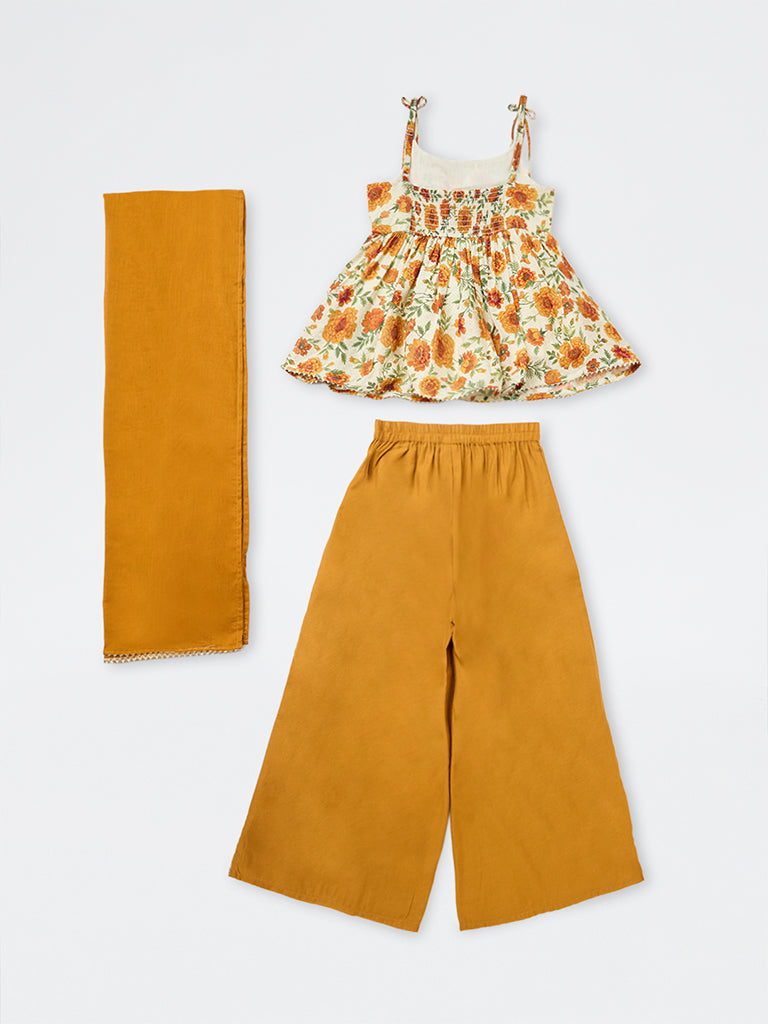 Utsa Kids Girls Mustard Floral Printed Top with Palazzos Set - (8-14 yrs)
