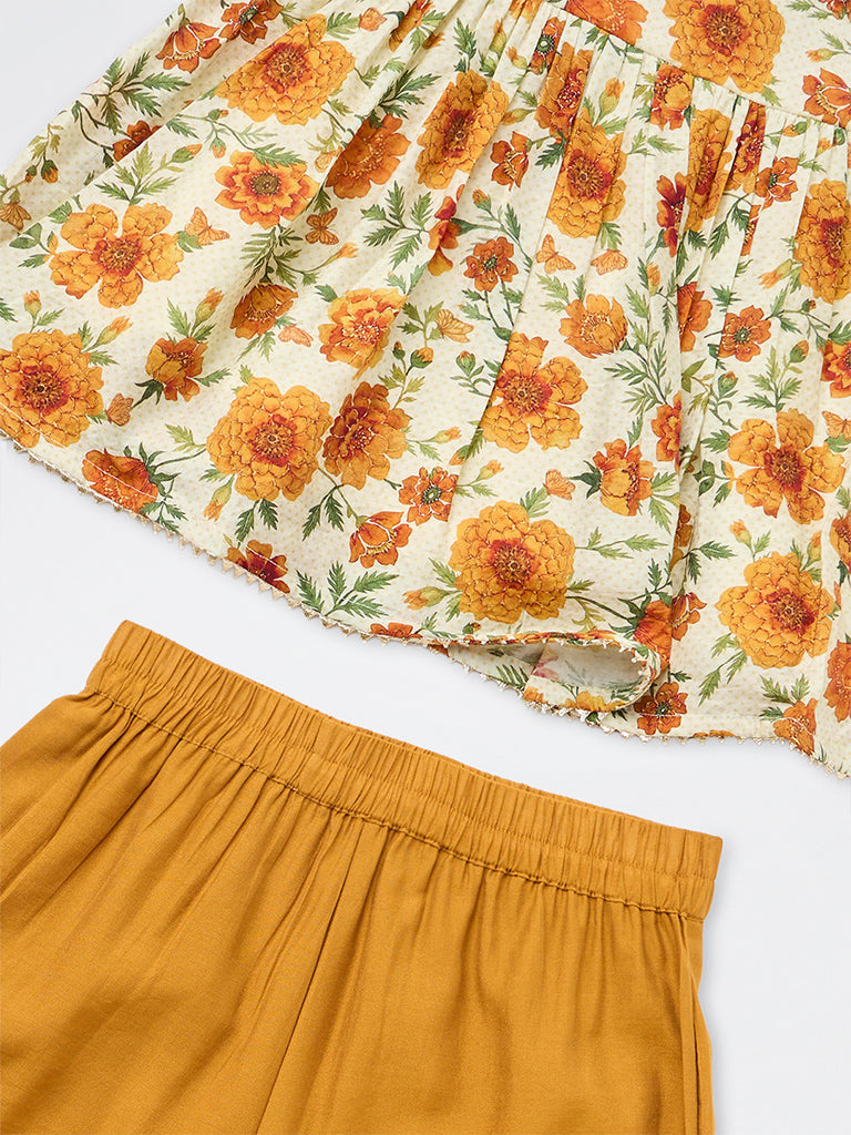 Utsa Kids Girls Mustard Floral Printed Top with Palazzos Set - (8-14 yrs)