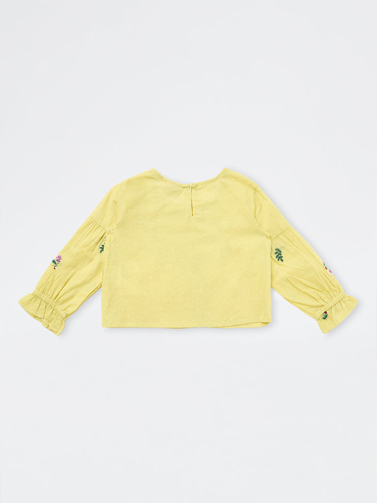 Utsa Kids Girls Yellow Floral Embroidered Cotton Top - (8-14 yrs)